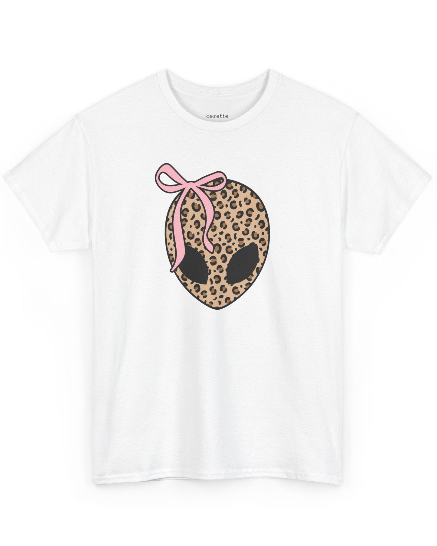 White crew neck t-shirt with a leopard print design of an alien head and a pink ribbon.