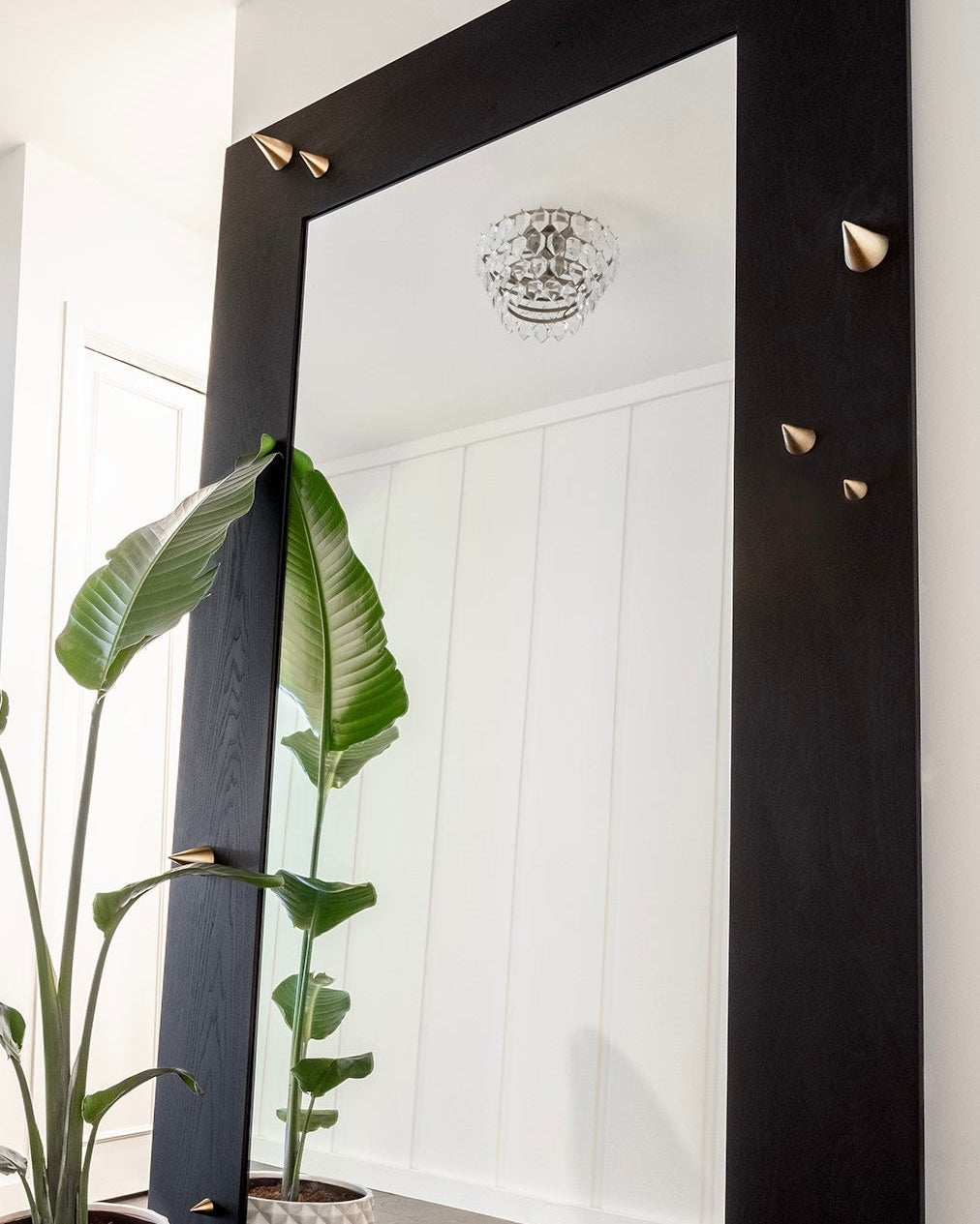 Large black-framed mirror with decorative elements on a wall, next to a potted plant.