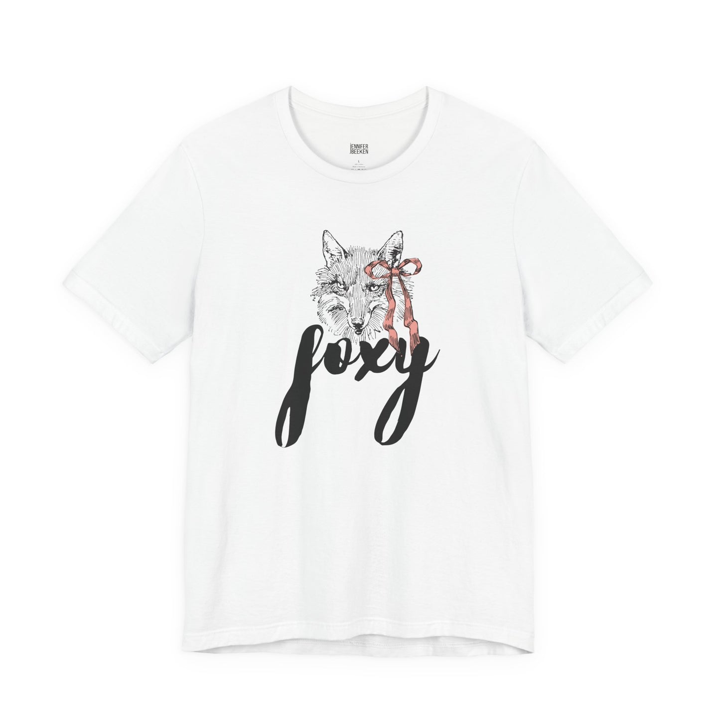 White t-shirt with a wolf graphic and 'foxy' text on a white background