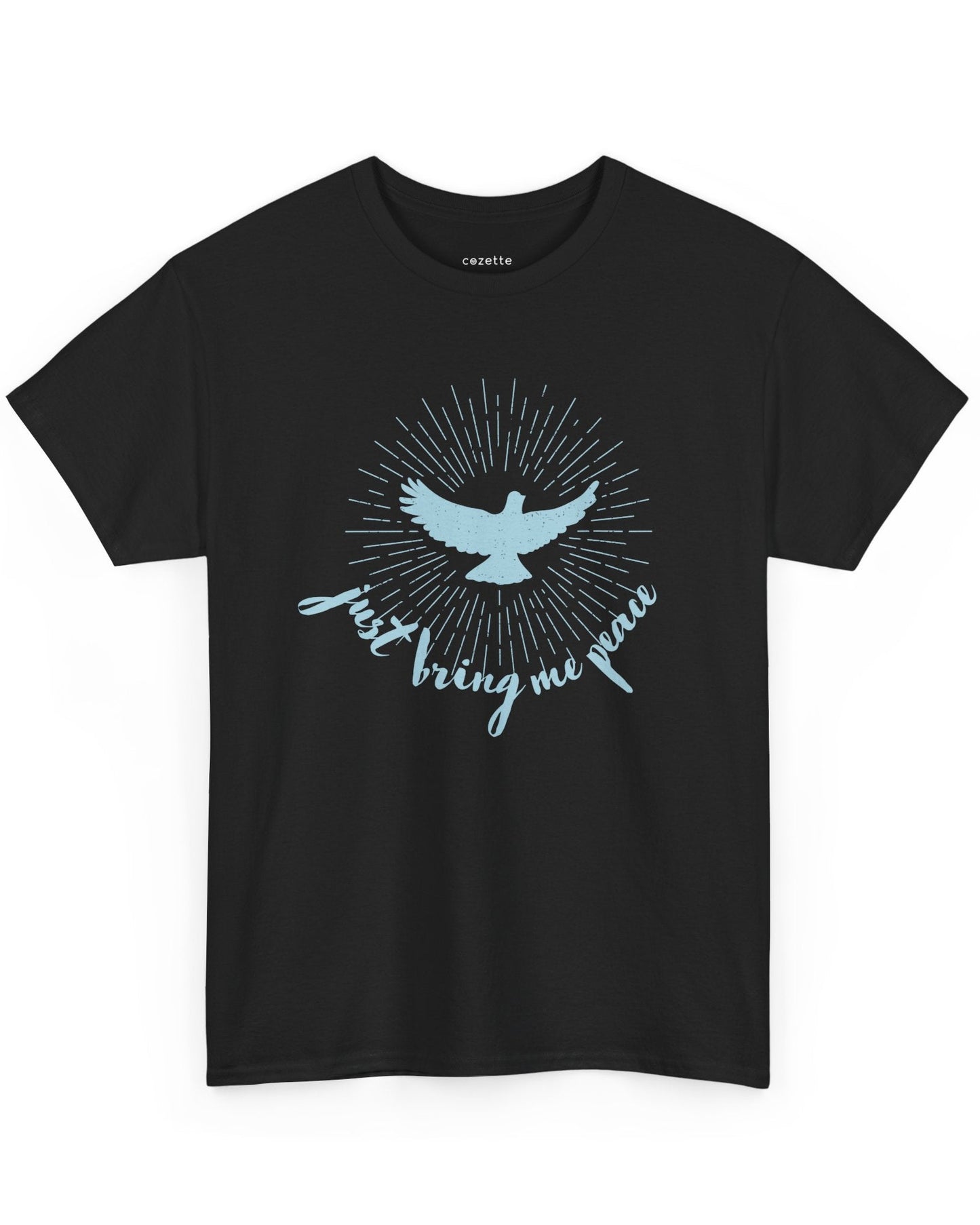 A person wearing a black crew neck t-shirt with a graphic of a blue dove and the text 'Just Bring Me Peace' on the front.