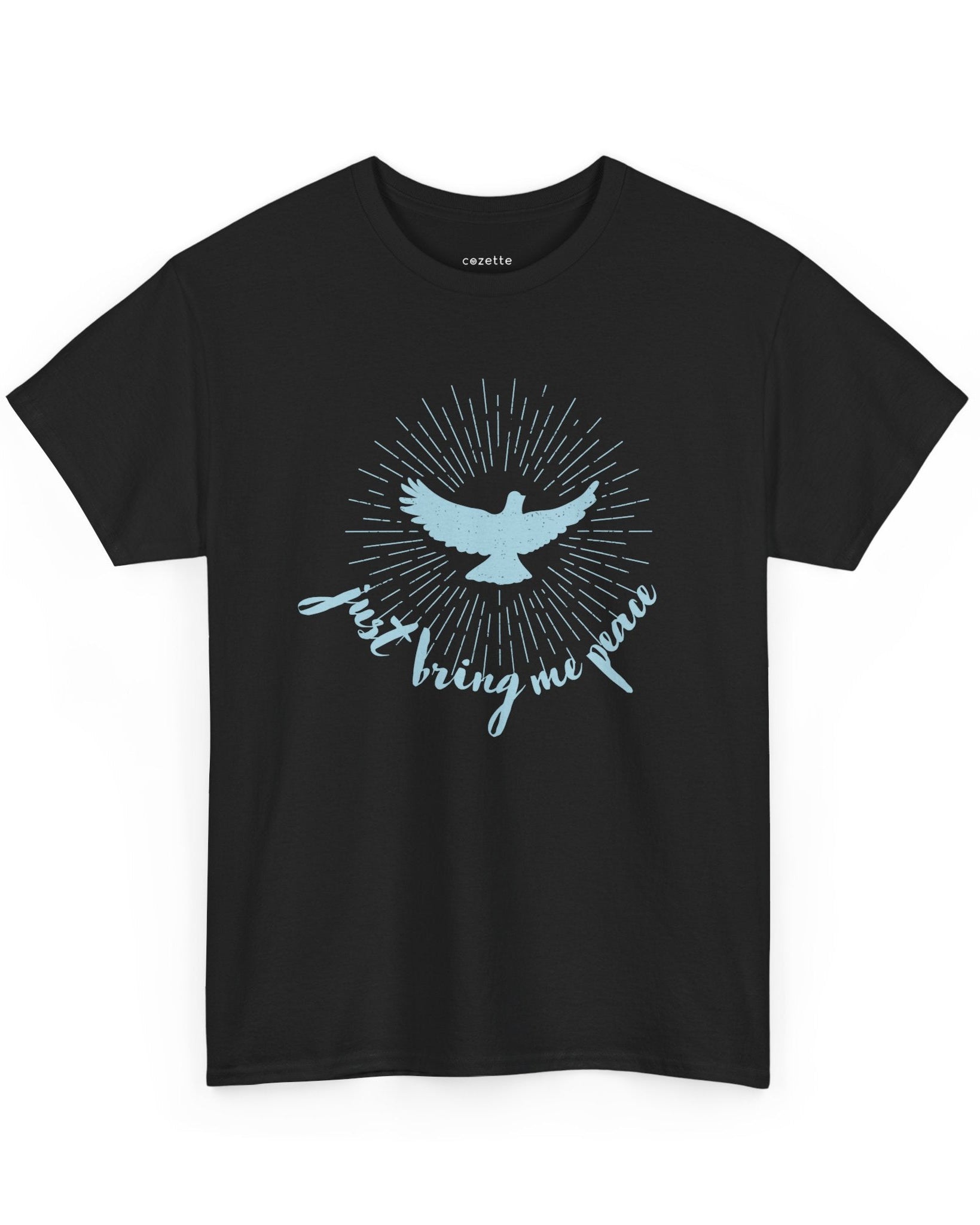 A person wearing a black crew neck t-shirt with a graphic of a blue dove and the text 'Just Bring Me Peace' on the front.