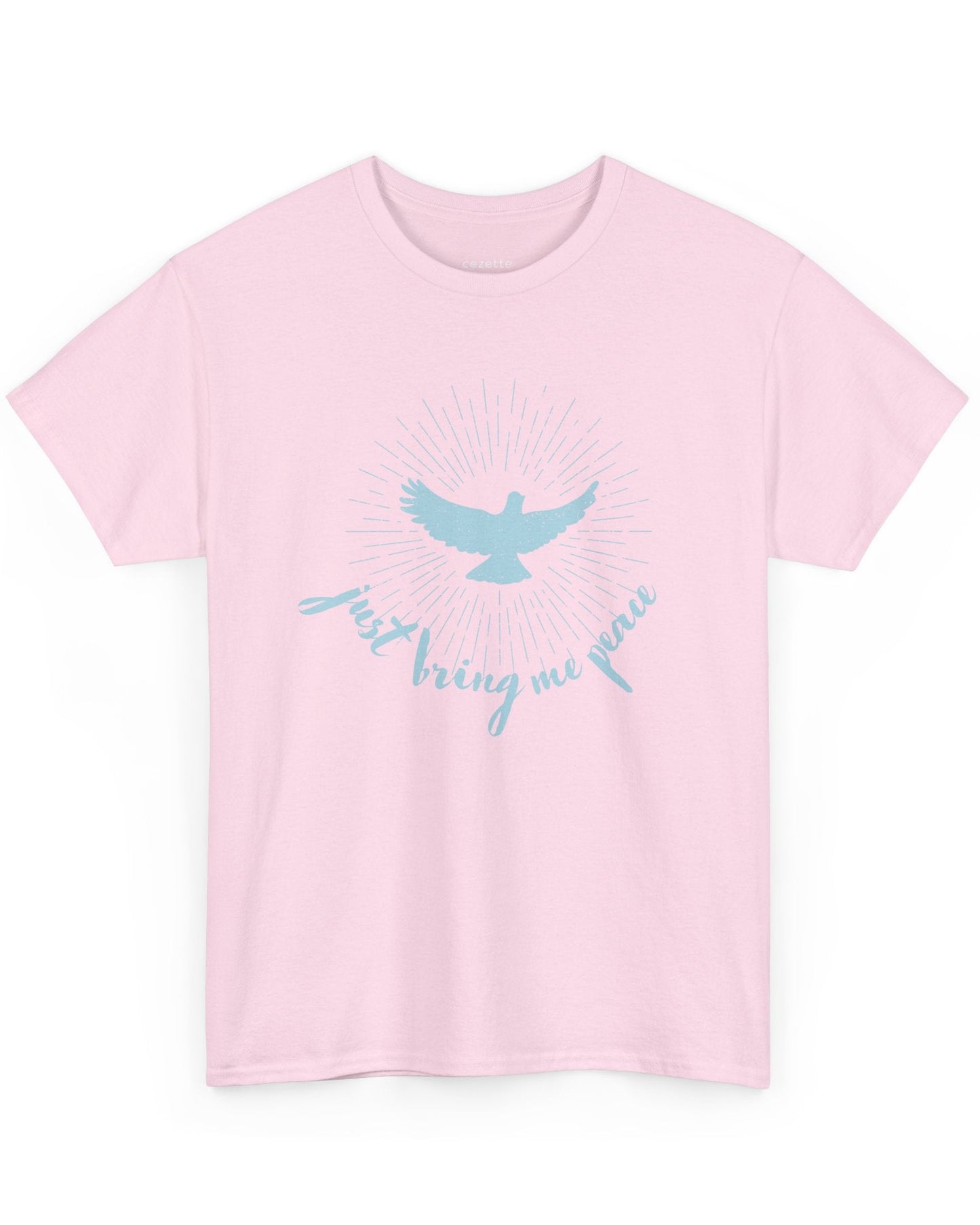 A person wearing a black crew neck t-shirt with a graphic of a blue dove and the text 'Just Bring Me Peace' on the front.