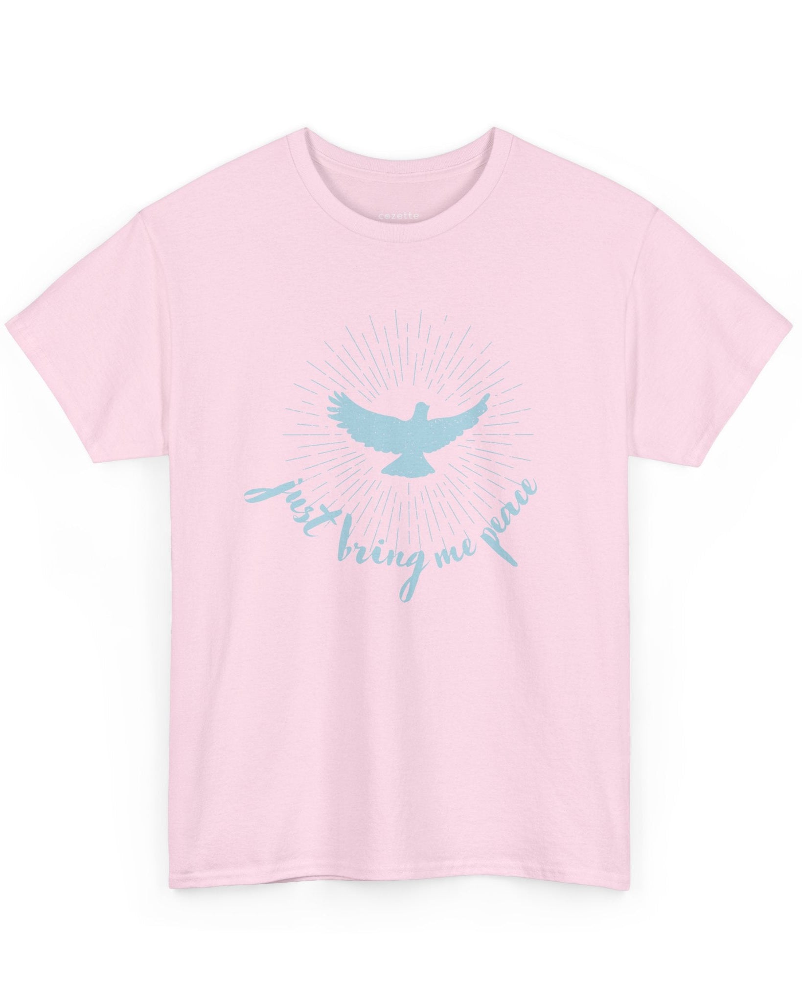 A person wearing a black crew neck t-shirt with a graphic of a blue dove and the text 'Just Bring Me Peace' on the front.