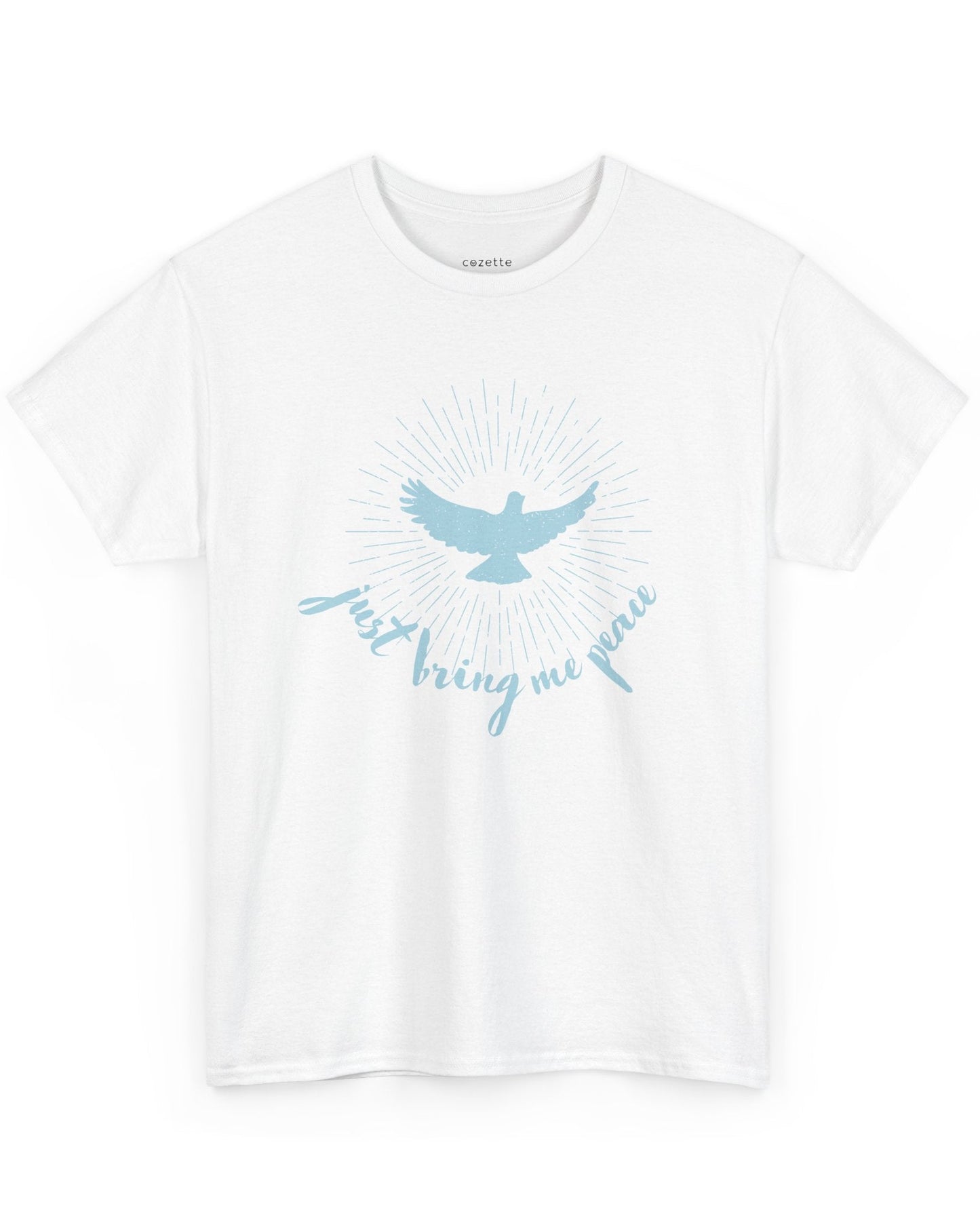 A person wearing a black crew neck t-shirt with a graphic of a blue dove and the text 'Just Bring Me Peace' on the front.