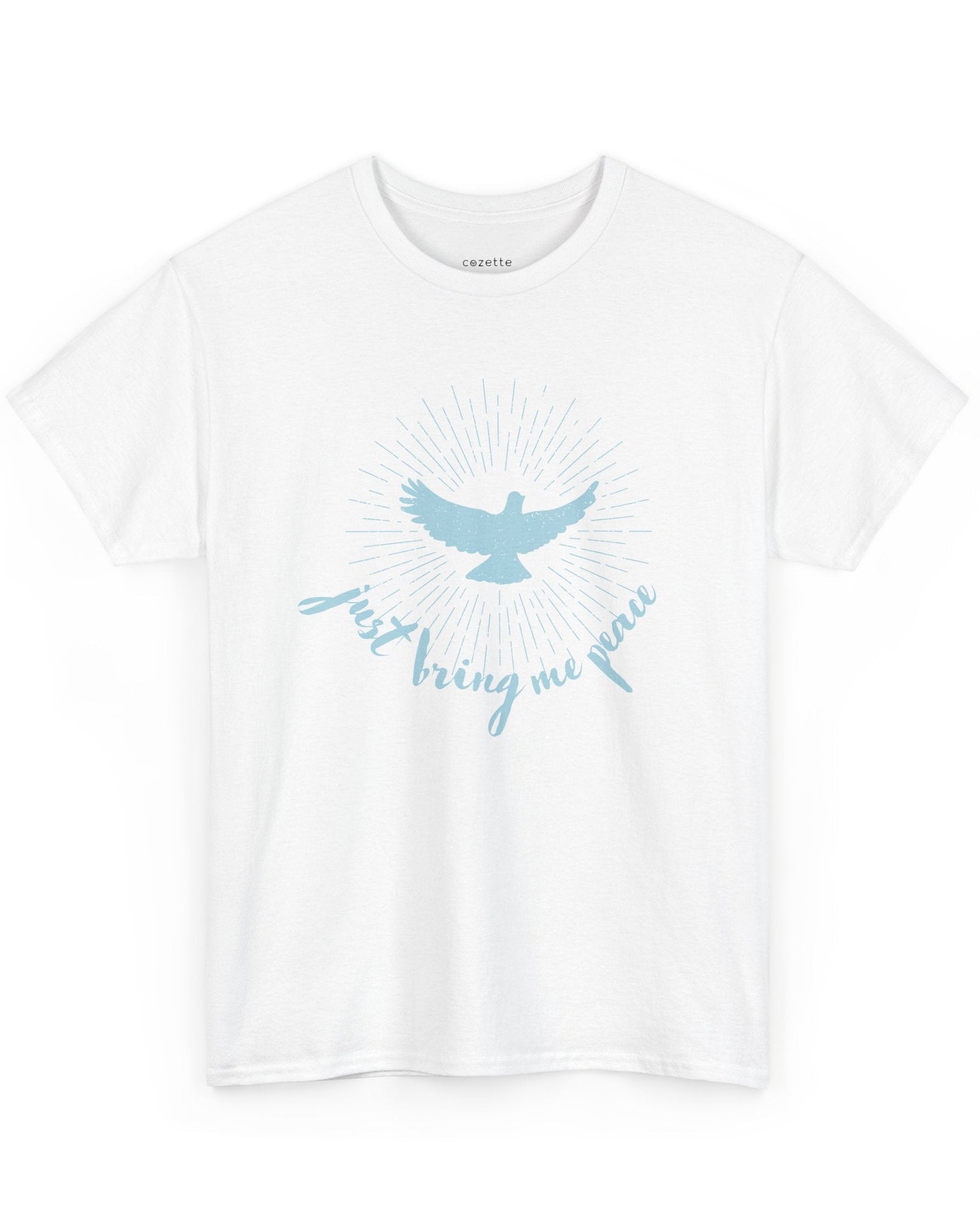A person wearing a black crew neck t-shirt with a graphic of a blue dove and the text 'Just Bring Me Peace' on the front.