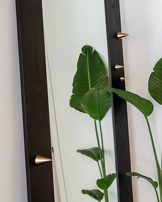 Black floor mirror with gold accents next to a potted plant on a wooden floor.