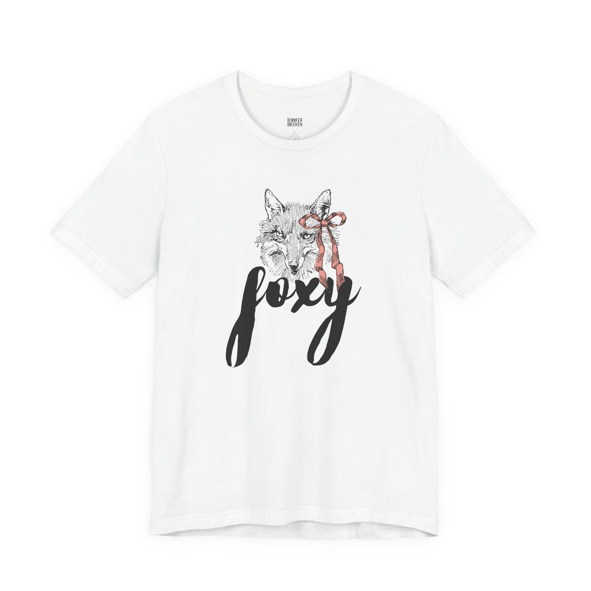White t-shirt with a wolf graphic and 'foxy' text on a white background